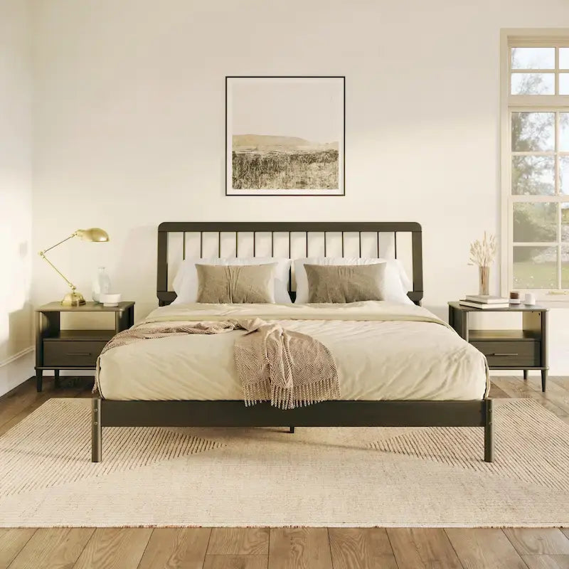 King Spindle Bed Frame – Solid Wood, Bohemian Mid-Century Style | Black, Caramel & Natural