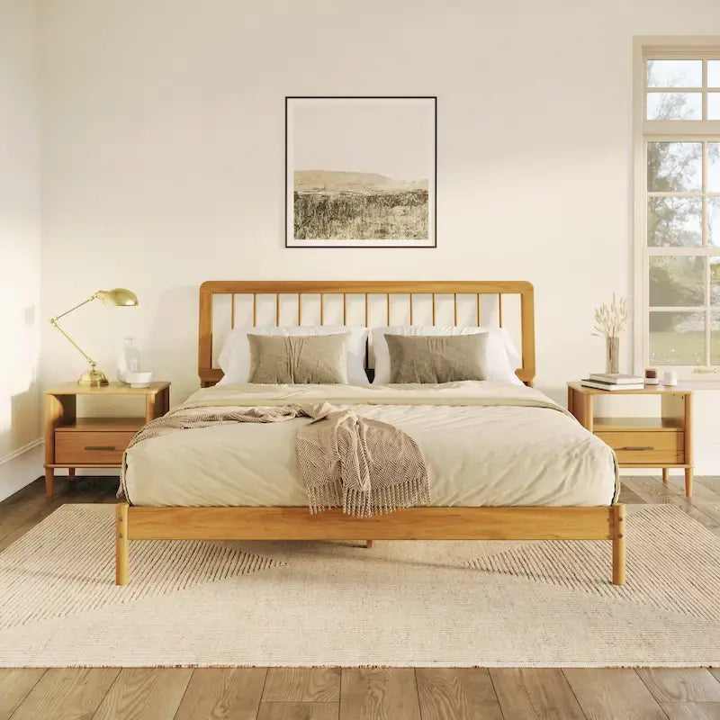 King Spindle Bed Frame – Solid Wood, Bohemian Mid-Century Style | Black, Caramel & Natural