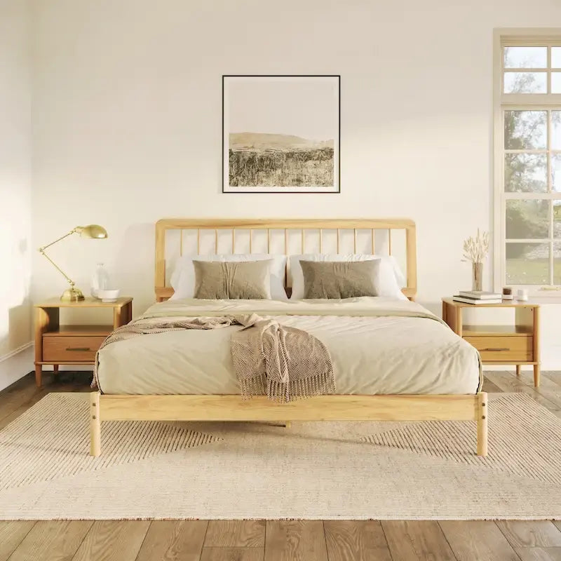 King Spindle Bed Frame – Solid Wood, Bohemian Mid-Century Style | Black, Caramel & Natural