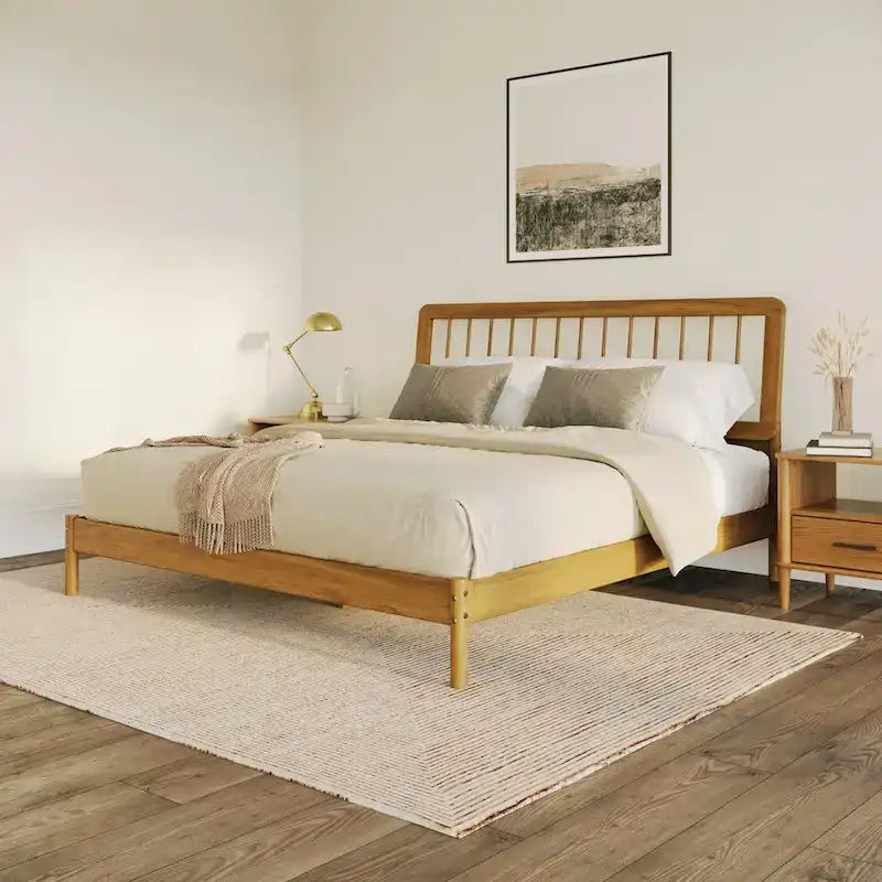King Spindle Bed Frame – Solid Wood, Bohemian Mid-Century Style | Black, Caramel & Natural