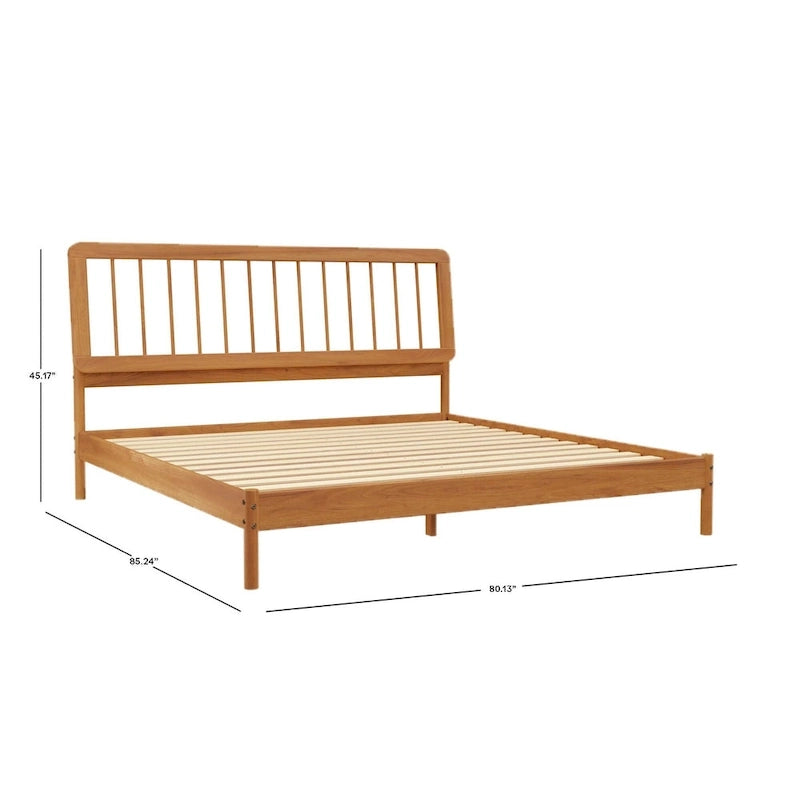King Spindle Bed Frame – Solid Wood, Bohemian Mid-Century Style | Black, Caramel & Natural