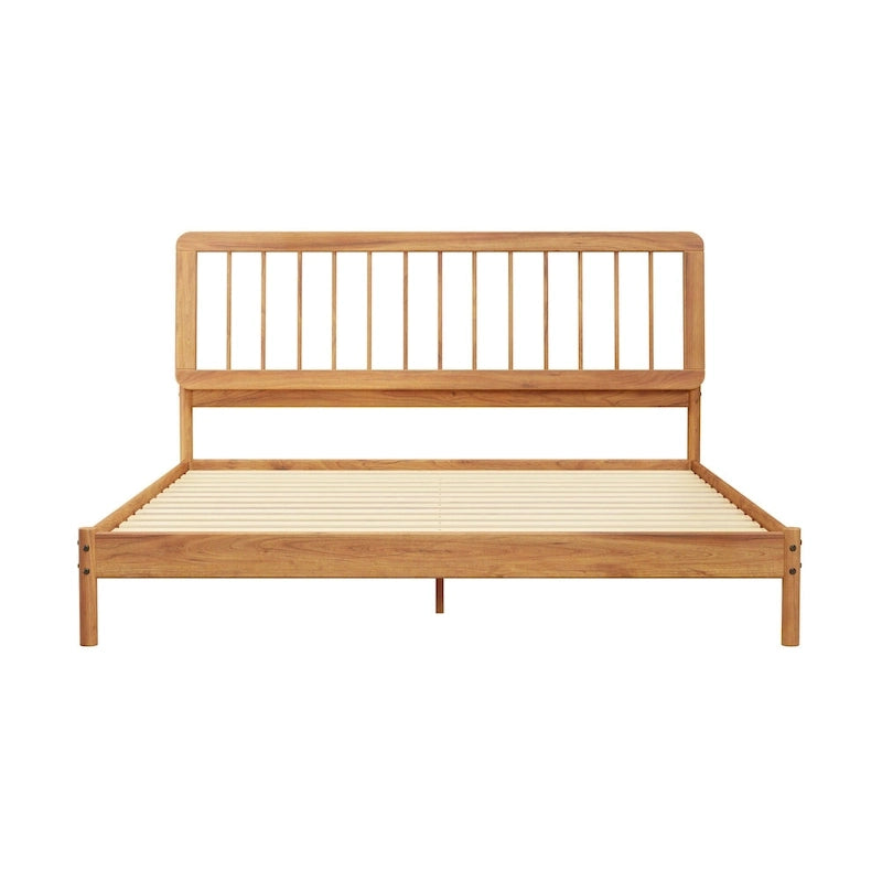 King Spindle Bed Frame – Solid Wood, Bohemian Mid-Century Style | Black, Caramel & Natural