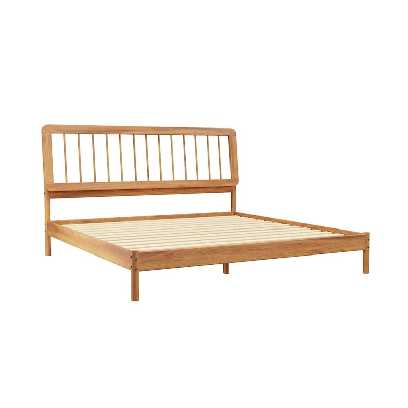 King Spindle Bed Frame – Solid Wood, Bohemian Mid-Century Style | Black, Caramel & Natural