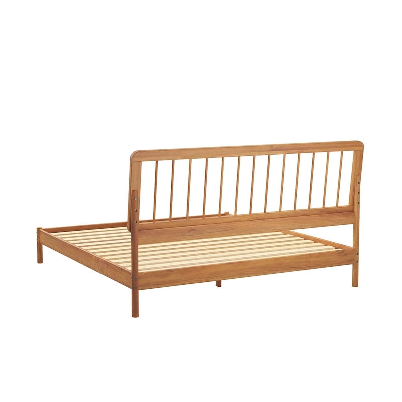 King Spindle Bed Frame – Solid Wood, Bohemian Mid-Century Style | Black, Caramel & Natural