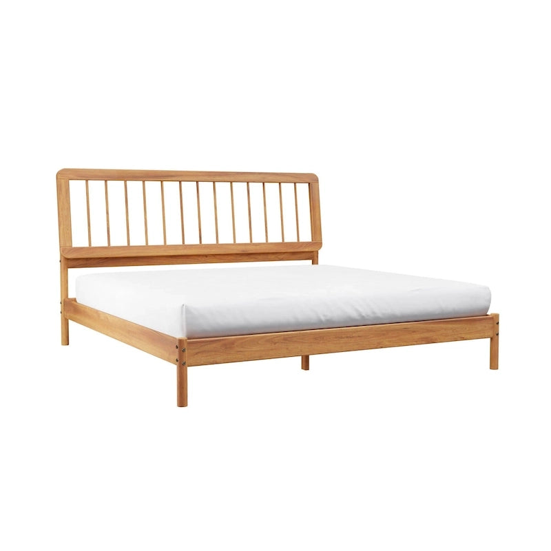 King Spindle Bed Frame – Solid Wood, Bohemian Mid-Century Style | Black, Caramel & Natural
