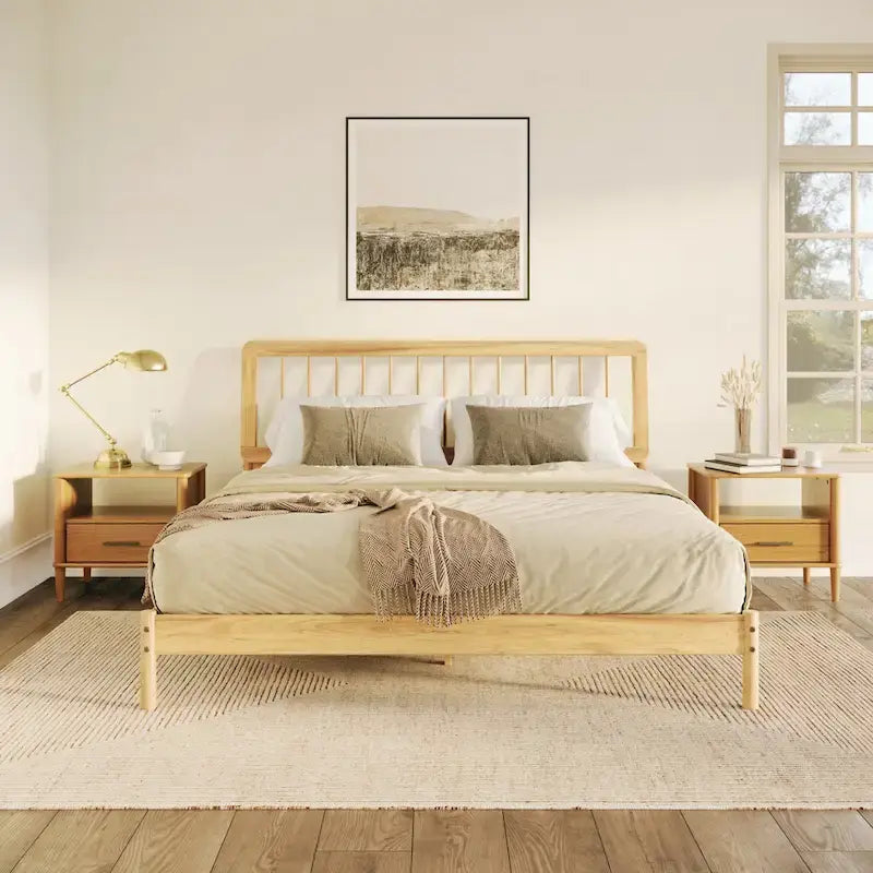 King Spindle Bed Frame – Solid Wood, Bohemian Mid-Century Style | Black, Caramel & Natural