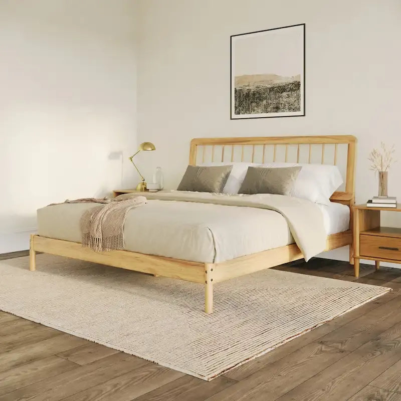 King Spindle Bed Frame – Solid Wood, Bohemian Mid-Century Style | Black, Caramel & Natural