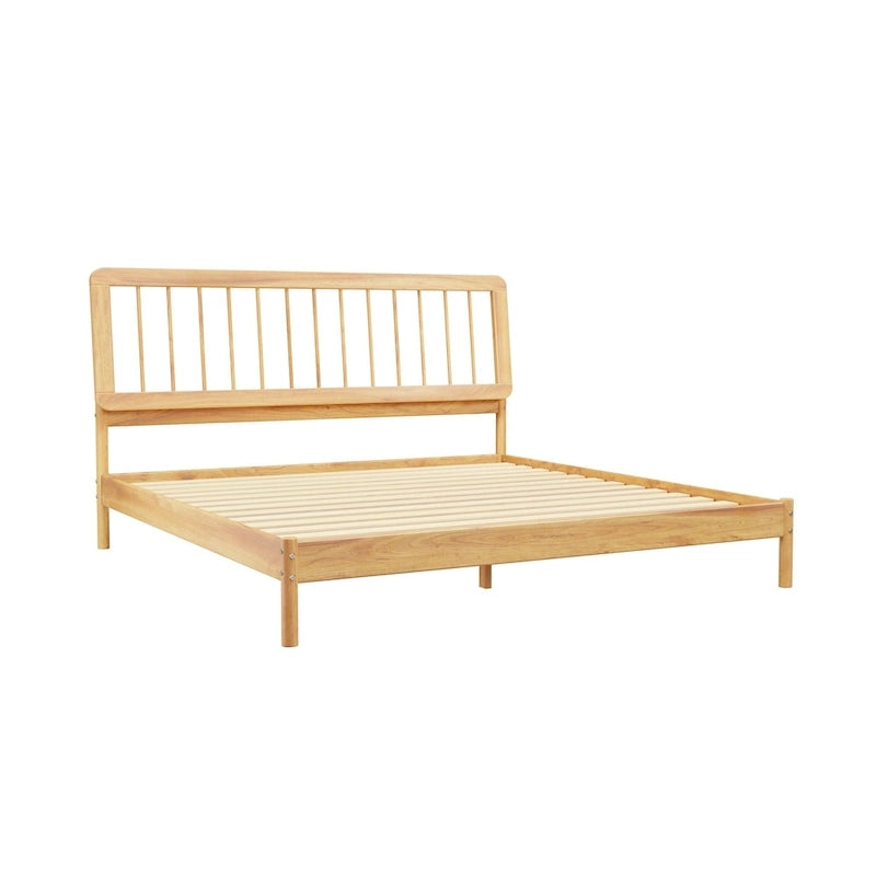 King Spindle Bed Frame – Solid Wood, Bohemian Mid-Century Style | Black, Caramel & Natural