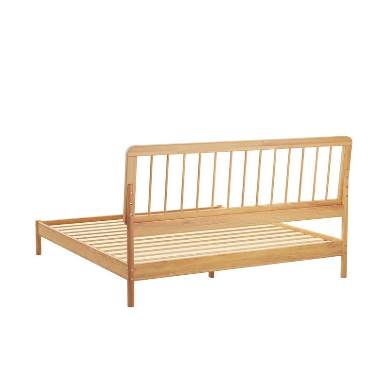 King Spindle Bed Frame – Solid Wood, Bohemian Mid-Century Style | Black, Caramel & Natural