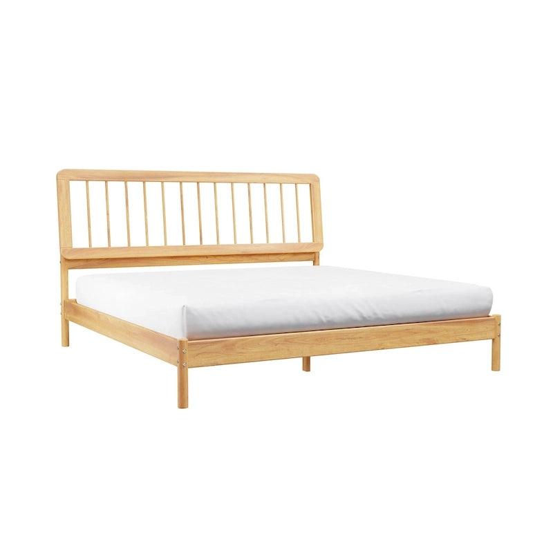 King Spindle Bed Frame – Solid Wood, Bohemian Mid-Century Style | Black, Caramel & Natural