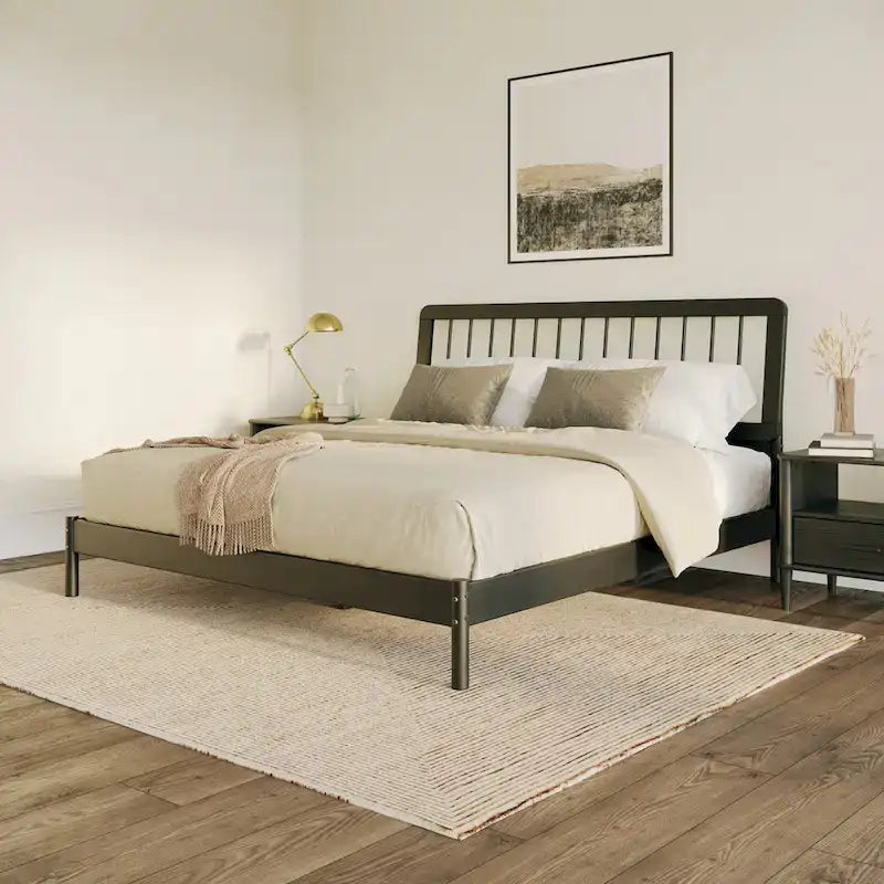 King Spindle Bed Frame – Solid Wood, Bohemian Mid-Century Style | Black, Caramel & Natural