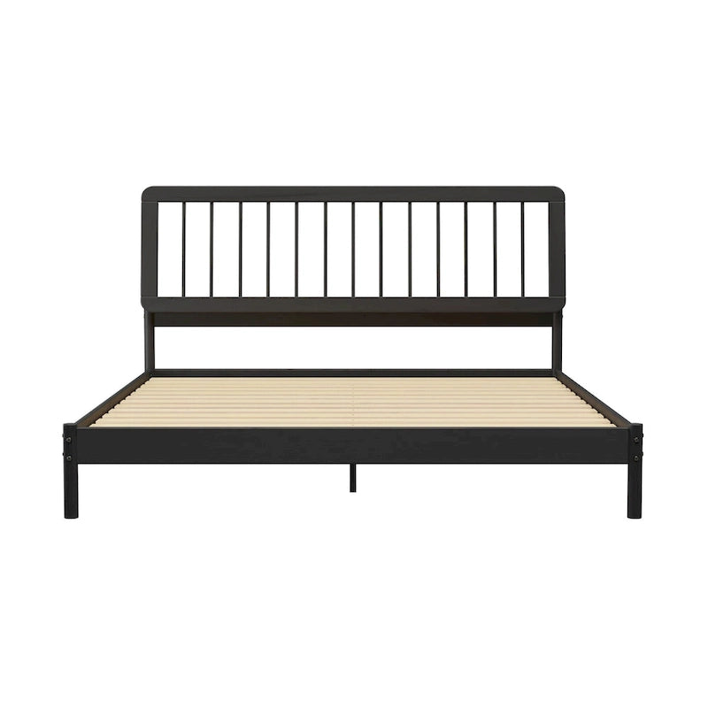 King Spindle Bed Frame – Solid Wood, Bohemian Mid-Century Style | Black, Caramel & Natural