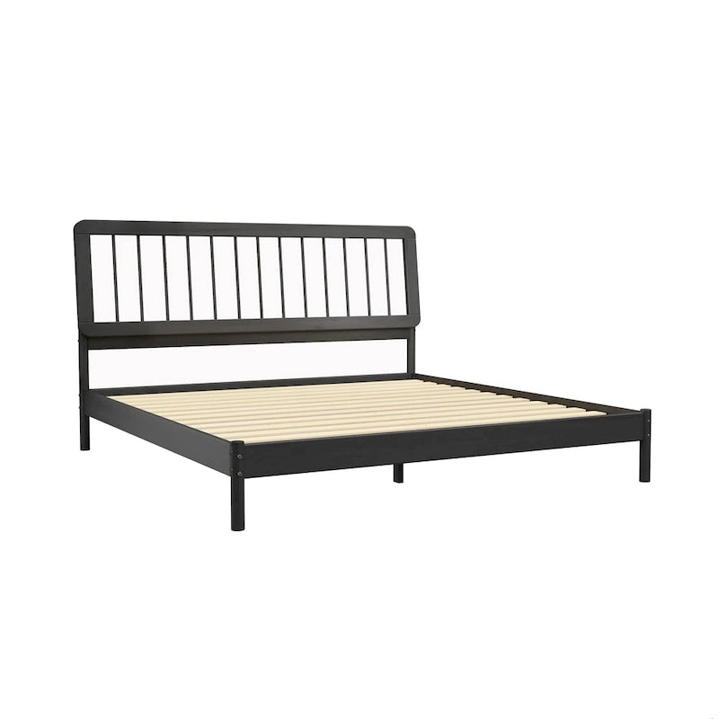 King Spindle Bed Frame – Solid Wood, Bohemian Mid-Century Style | Black, Caramel & Natural