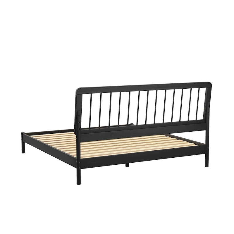 King Spindle Bed Frame – Solid Wood, Bohemian Mid-Century Style | Black, Caramel & Natural