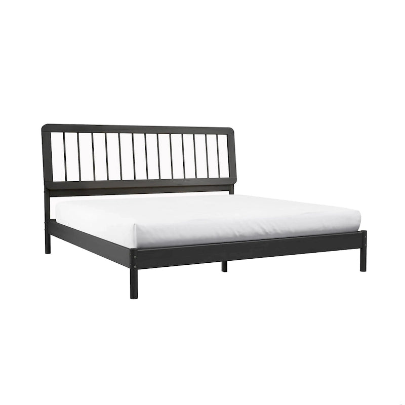 King Spindle Bed Frame – Solid Wood, Bohemian Mid-Century Style | Black, Caramel & Natural