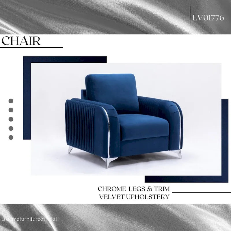 Blue Velvet Accent Chair with Chrome Legs – Contemporary Living Room Chair, 38 Inch, 220 lb Capacity