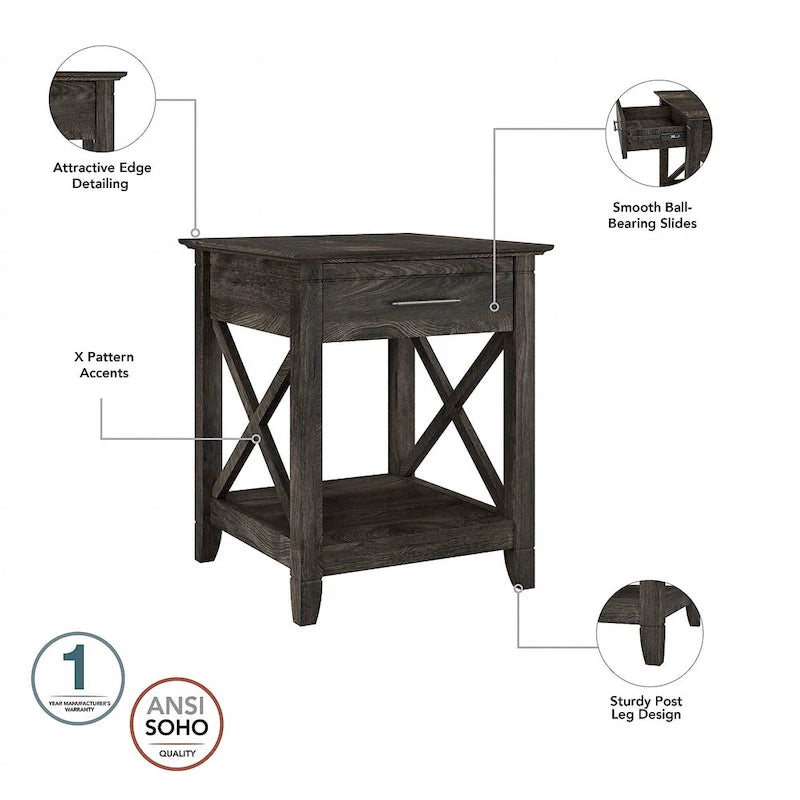 Coastal Nightstand with Drawer & Open Shelf – X-Pattern Accents, Dark Gray, Bedroom Side Table