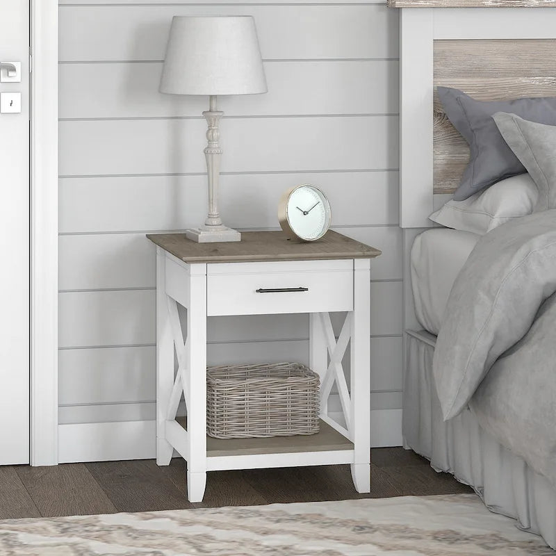 Coastal Nightstand with Drawer & Open Shelf – X-Pattern Accents, Dark Gray, Bedroom Side Table