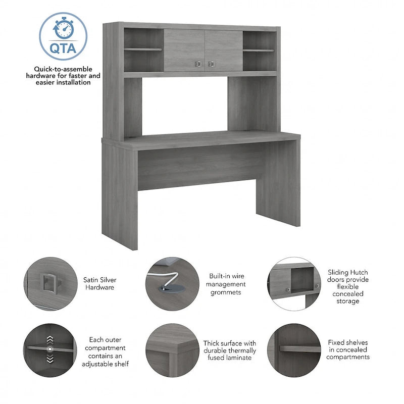 Modern Writing Desk with 2 Drawers & Metal Frame – Home Office Desk, Grey Wood Finish