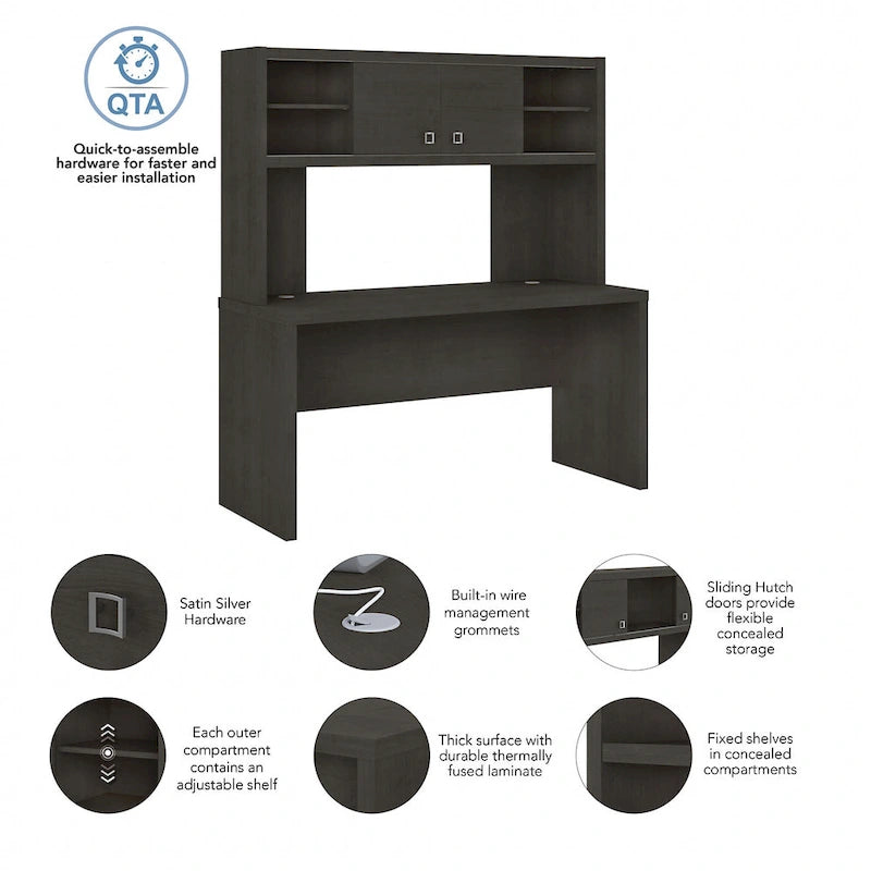 Modern Writing Desk with 2 Drawers & Metal Frame – Home Office Desk, Grey Wood Finish