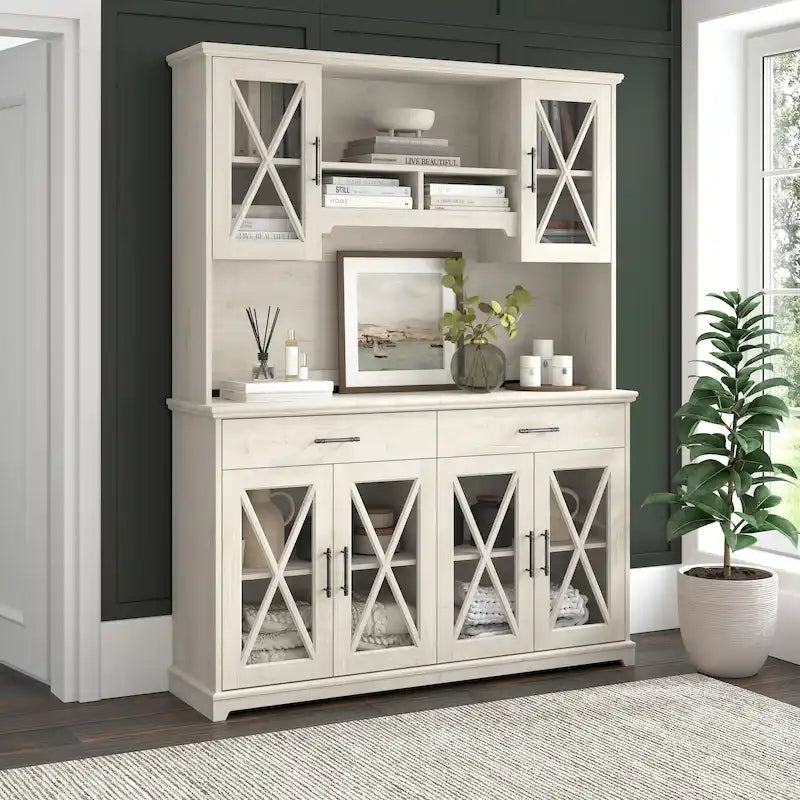 60" Farmhouse Sideboard Buffet Cabinet with Hutch & Glass Doors – 2 Drawers, Adjustable Shelves
