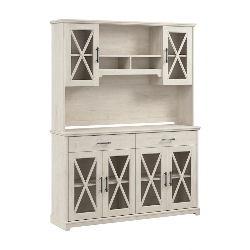 60" Farmhouse Sideboard Buffet Cabinet with Hutch & Glass Doors – 2 Drawers, Adjustable Shelves