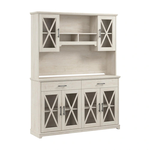 60" Farmhouse Sideboard Buffet Cabinet with Hutch & Glass Doors – 2 Drawers, Adjustable Shelves