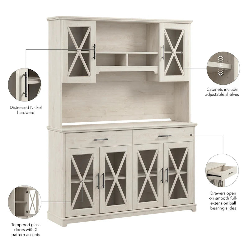 60" Farmhouse Sideboard Buffet Cabinet with Hutch & Glass Doors – 2 Drawers, Adjustable Shelves