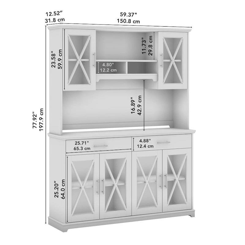 60" Farmhouse Sideboard Buffet Cabinet with Hutch & Glass Doors – 2 Drawers, Adjustable Shelves