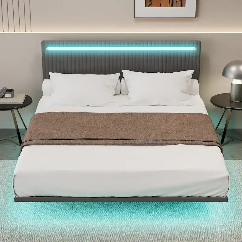 Floating Platform Bed Frame with Channel Tufted Velvet Headboard – Full/Queen, No Box Spring Needed
