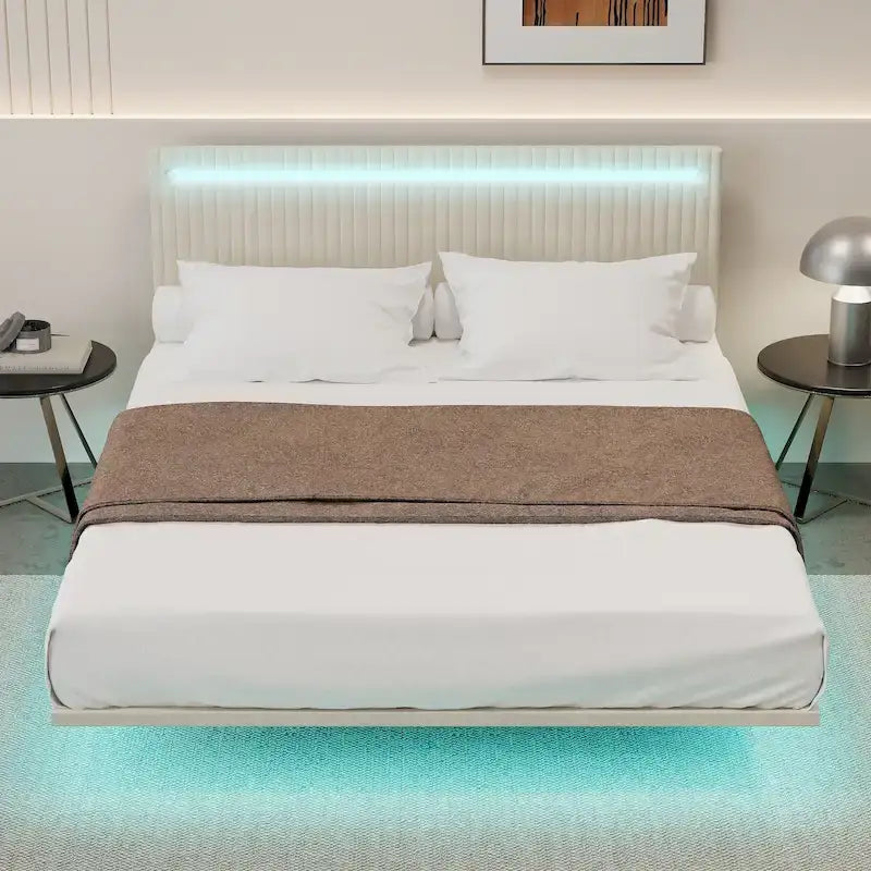 Floating Platform Bed Frame with Channel Tufted Velvet Headboard – Full/Queen, No Box Spring Needed