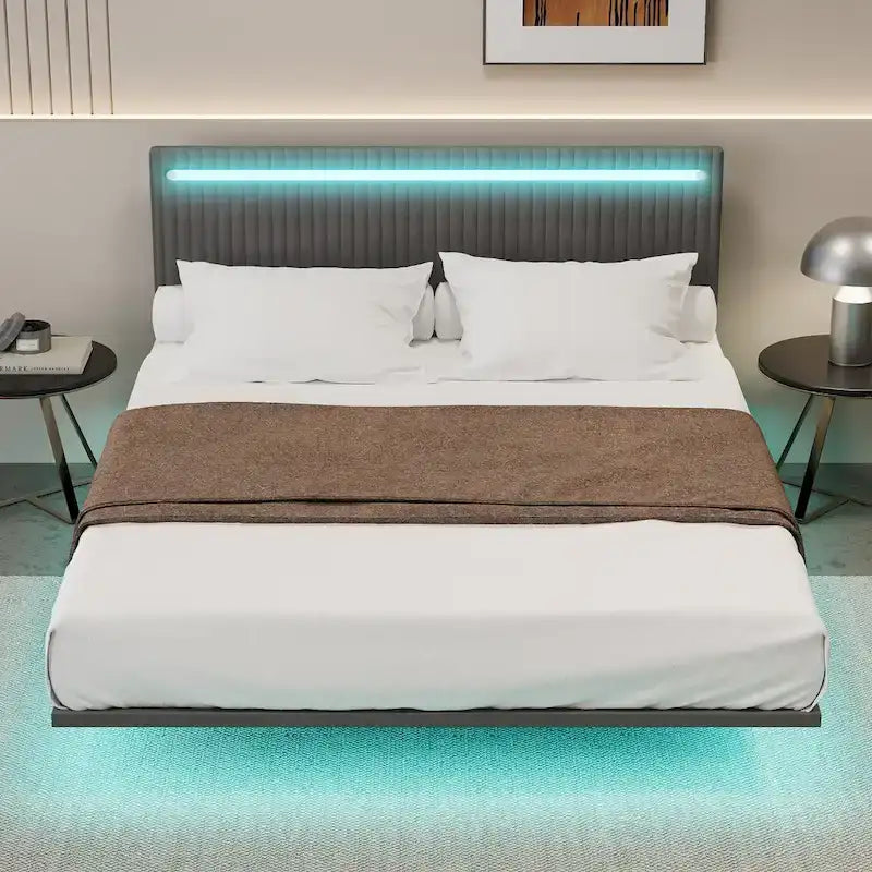 Floating Platform Bed Frame with Channel Tufted Velvet Headboard – Full/Queen, No Box Spring Needed