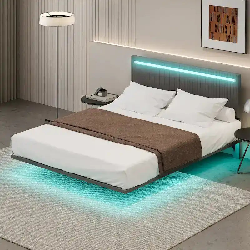 Floating Platform Bed Frame with Channel Tufted Velvet Headboard – Full/Queen, No Box Spring Needed
