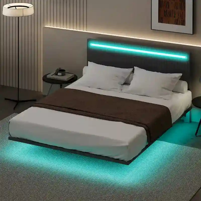 Floating Platform Bed Frame with Channel Tufted Velvet Headboard – Full/Queen, No Box Spring Needed