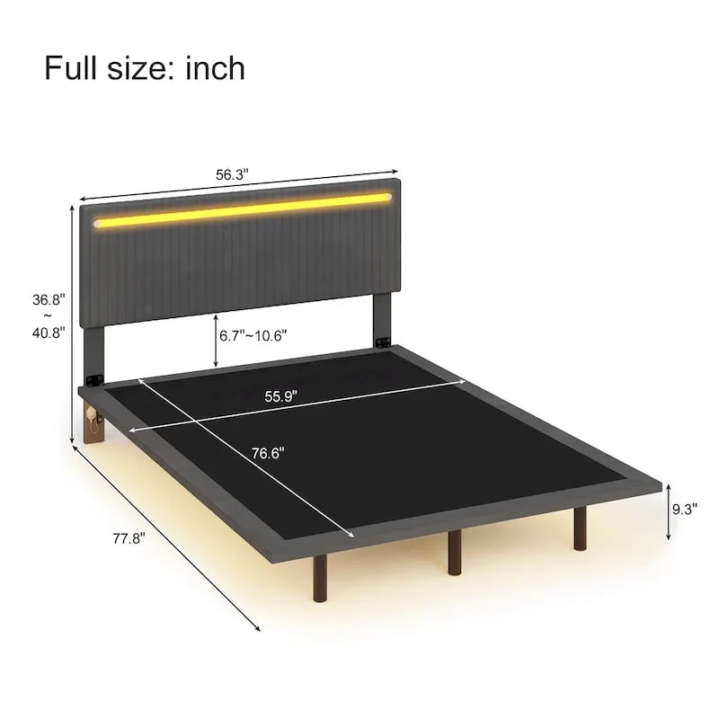 Floating Platform Bed Frame with Channel Tufted Velvet Headboard – Full/Queen, No Box Spring Needed