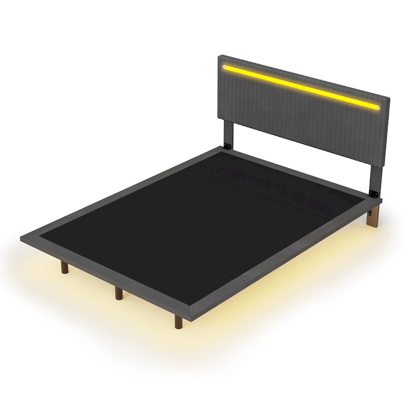 Floating Platform Bed Frame with Channel Tufted Velvet Headboard – Full/Queen, No Box Spring Needed