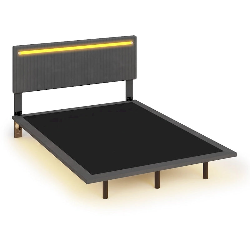 Floating Platform Bed Frame with Channel Tufted Velvet Headboard – Full/Queen, No Box Spring Needed