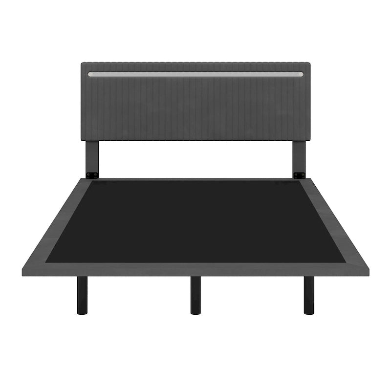 Floating Platform Bed Frame with Channel Tufted Velvet Headboard – Full/Queen, No Box Spring Needed