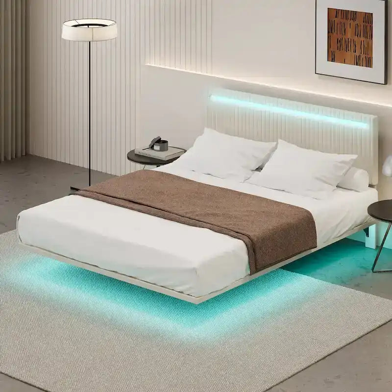 Floating Platform Bed Frame with Channel Tufted Velvet Headboard – Full/Queen, No Box Spring Needed