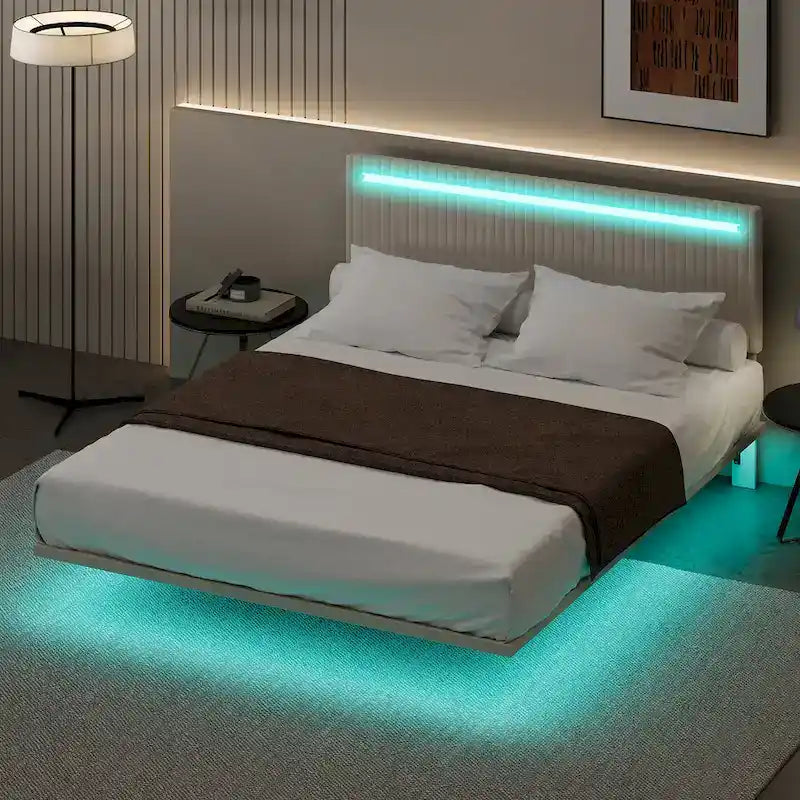 Floating Platform Bed Frame with Channel Tufted Velvet Headboard – Full/Queen, No Box Spring Needed