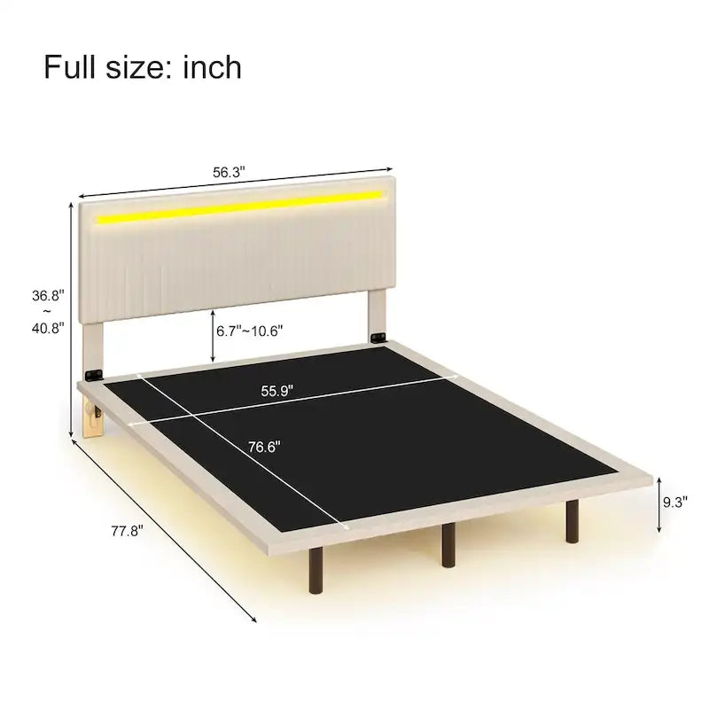Floating Platform Bed Frame with Channel Tufted Velvet Headboard – Full/Queen, No Box Spring Needed