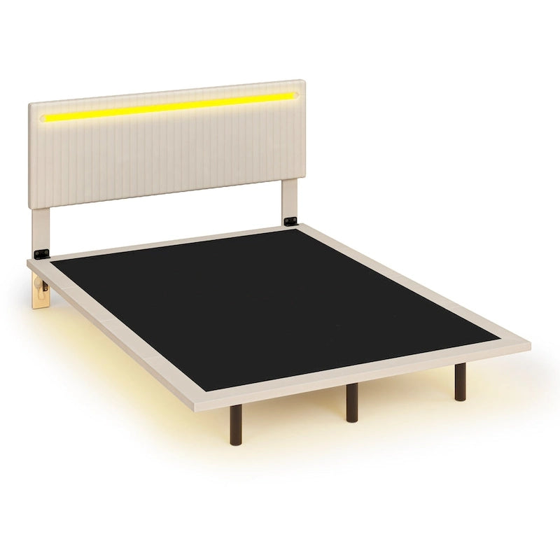 Floating Platform Bed Frame with Channel Tufted Velvet Headboard – Full/Queen, No Box Spring Needed
