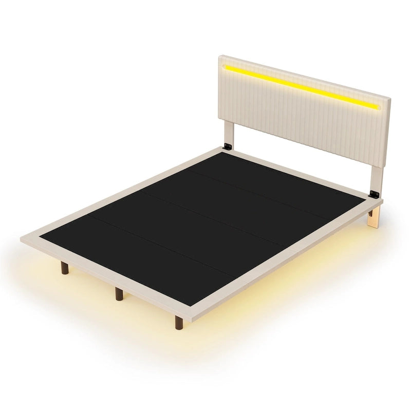 Floating Platform Bed Frame with Channel Tufted Velvet Headboard – Full/Queen, No Box Spring Needed