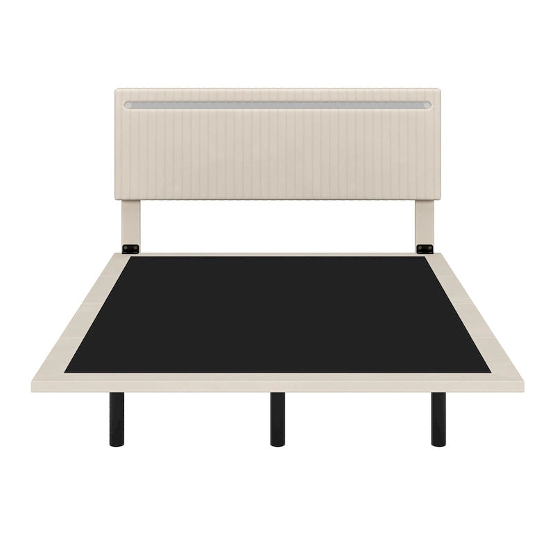 Floating Platform Bed Frame with Channel Tufted Velvet Headboard – Full/Queen, No Box Spring Needed