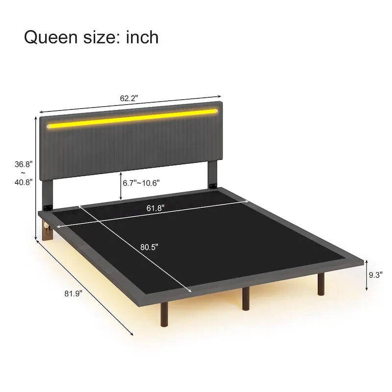 Floating Platform Bed Frame with Channel Tufted Velvet Headboard – Full/Queen, No Box Spring Needed