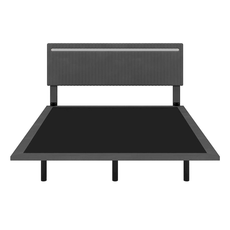 Floating Platform Bed Frame with Channel Tufted Velvet Headboard – Full/Queen, No Box Spring Needed
