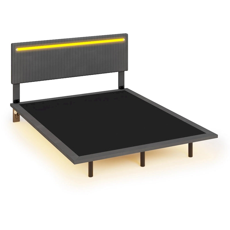 Floating Platform Bed Frame with Channel Tufted Velvet Headboard – Full/Queen, No Box Spring Needed