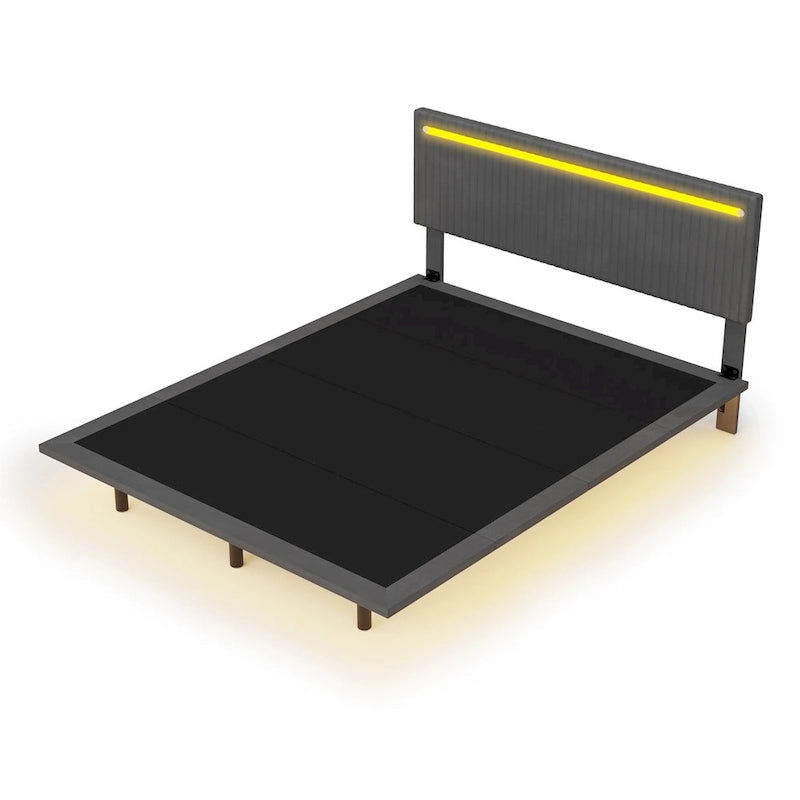 Floating Platform Bed Frame with Channel Tufted Velvet Headboard – Full/Queen, No Box Spring Needed