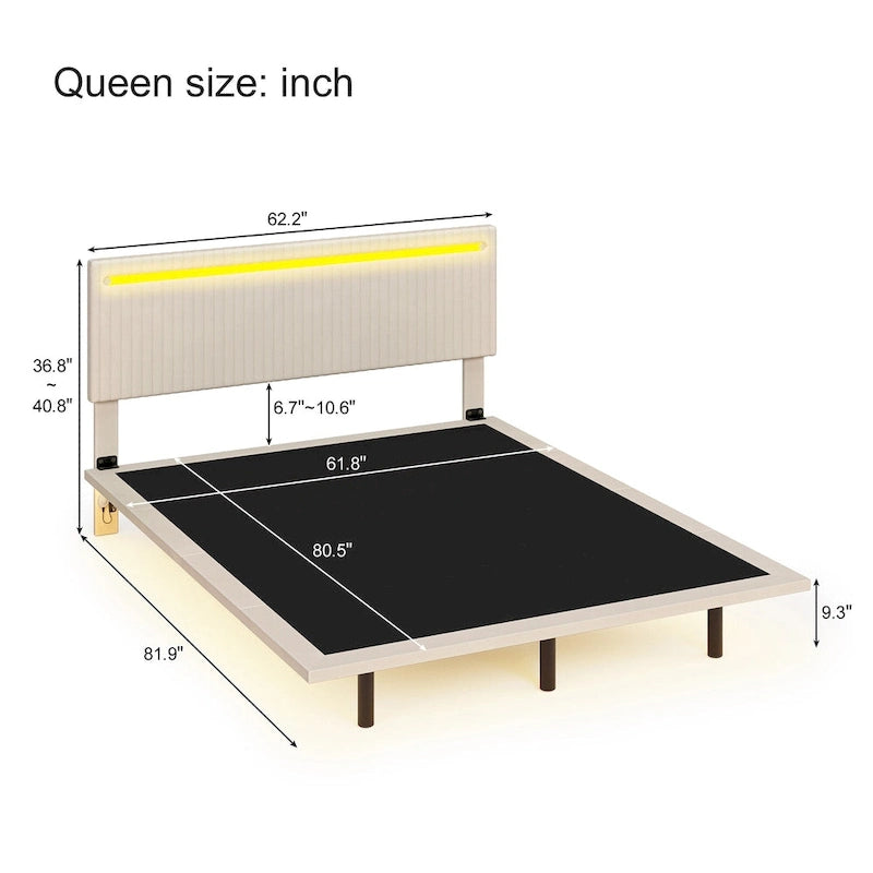 Floating Platform Bed Frame with Channel Tufted Velvet Headboard – Full/Queen, No Box Spring Needed