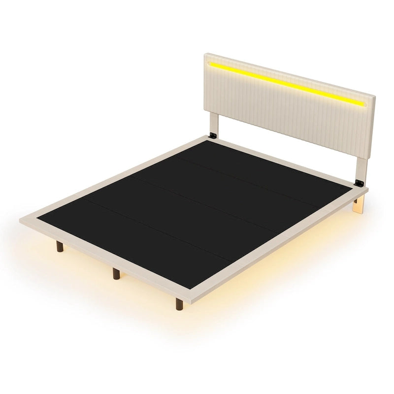 Floating Platform Bed Frame with Channel Tufted Velvet Headboard – Full/Queen, No Box Spring Needed
